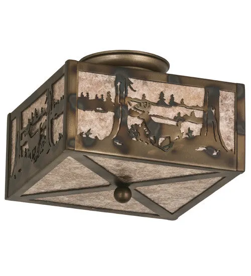 10"Sq Deer At Lake Wildlife Rustic Lodge Flushmount
