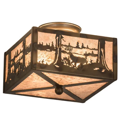 10"Sq Deer At Lake Wildlife Rustic Lodge Flushmount