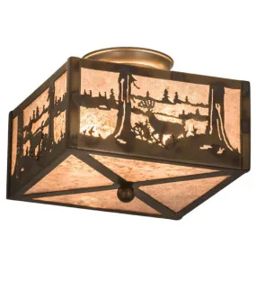 10"Sq Deer At Lake Wildlife Rustic Lodge Flushmount
