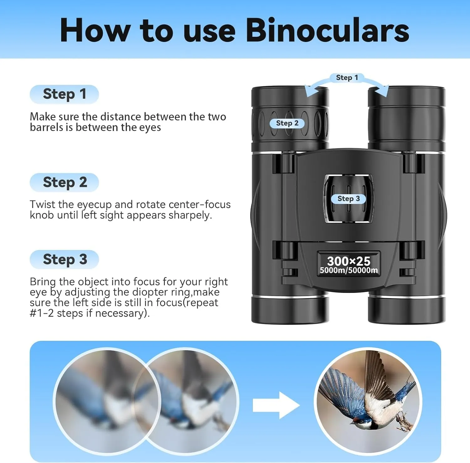 300X25 Binoculars for Adults and Kids, High Powered Mini Pocket Binoculars with Phone Adapter, Waterproof Compact Binoculars for Bird Watching, Hunting, Concert, Theater, Opera, Traveling, Sightseeing