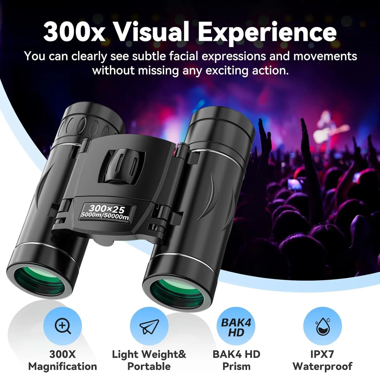 300X25 Binoculars for Adults and Kids, High Powered Mini Pocket Binoculars with Phone Adapter, Waterproof Compact Binoculars for Bird Watching, Hunting, Concert, Theater, Opera, Traveling, Sightseeing