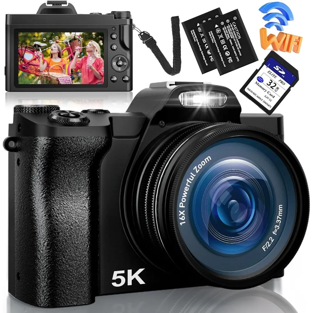 Actitop 48MP Autofocus 5K Digital Camera WiFi Vlogging Camera, Black with UV Filter and 2 Batteries