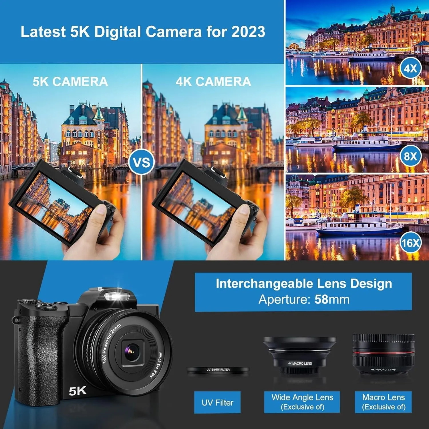 Actitop 48MP Autofocus 5K Digital Camera WiFi Vlogging Camera, Black with UV Filter and 2 Batteries