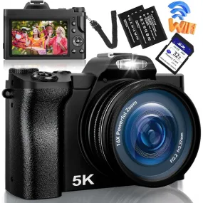 Actitop 48MP Autofocus 5K Digital Camera WiFi Vlogging Camera, Black with UV Filter and 2 Batteries