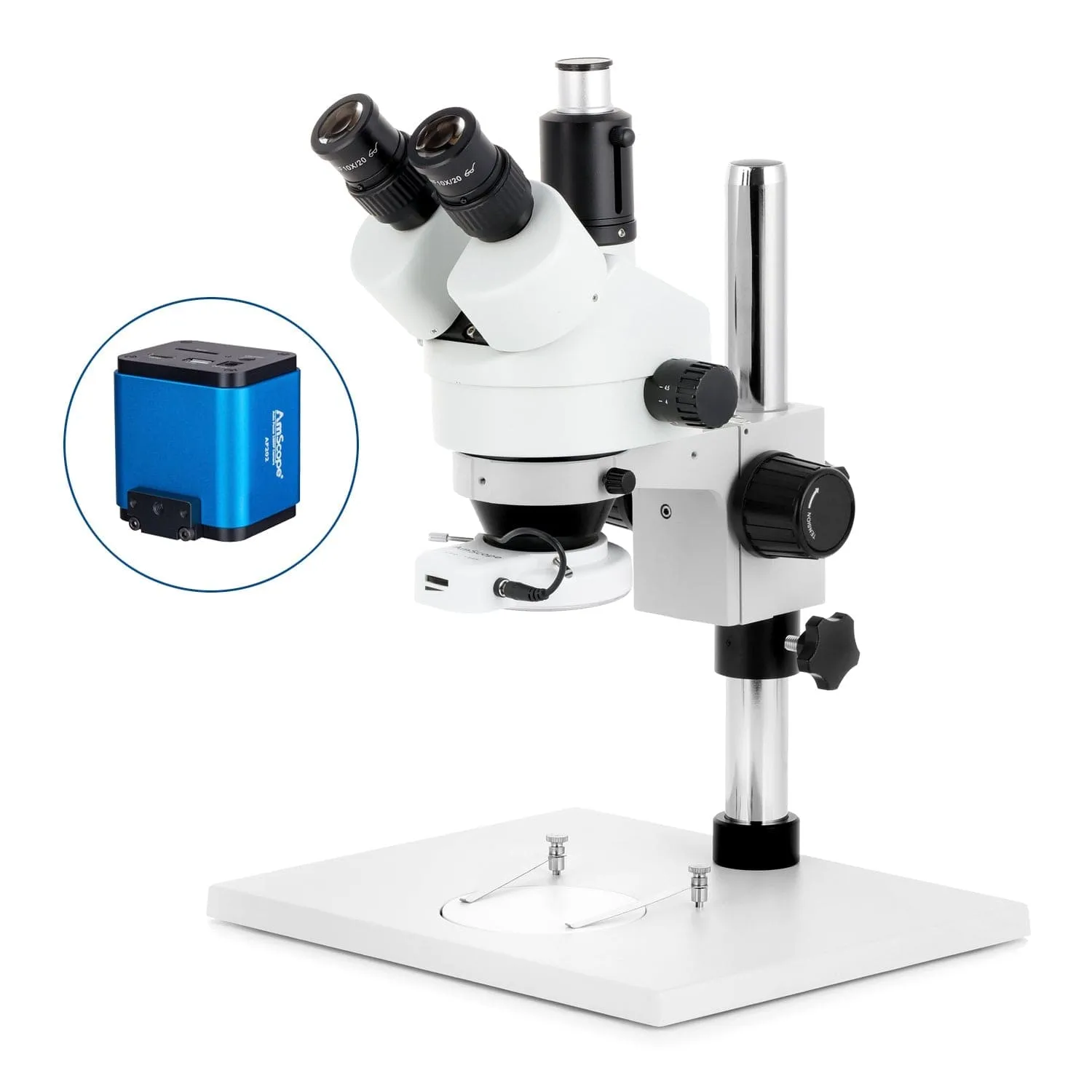AmScope SM-1 Series Zoom Trinocular Stereo Microscope on Pillar Stand with Extra Large Base Plate w/144 LED Compact Ring Light and Auto Focus Camera