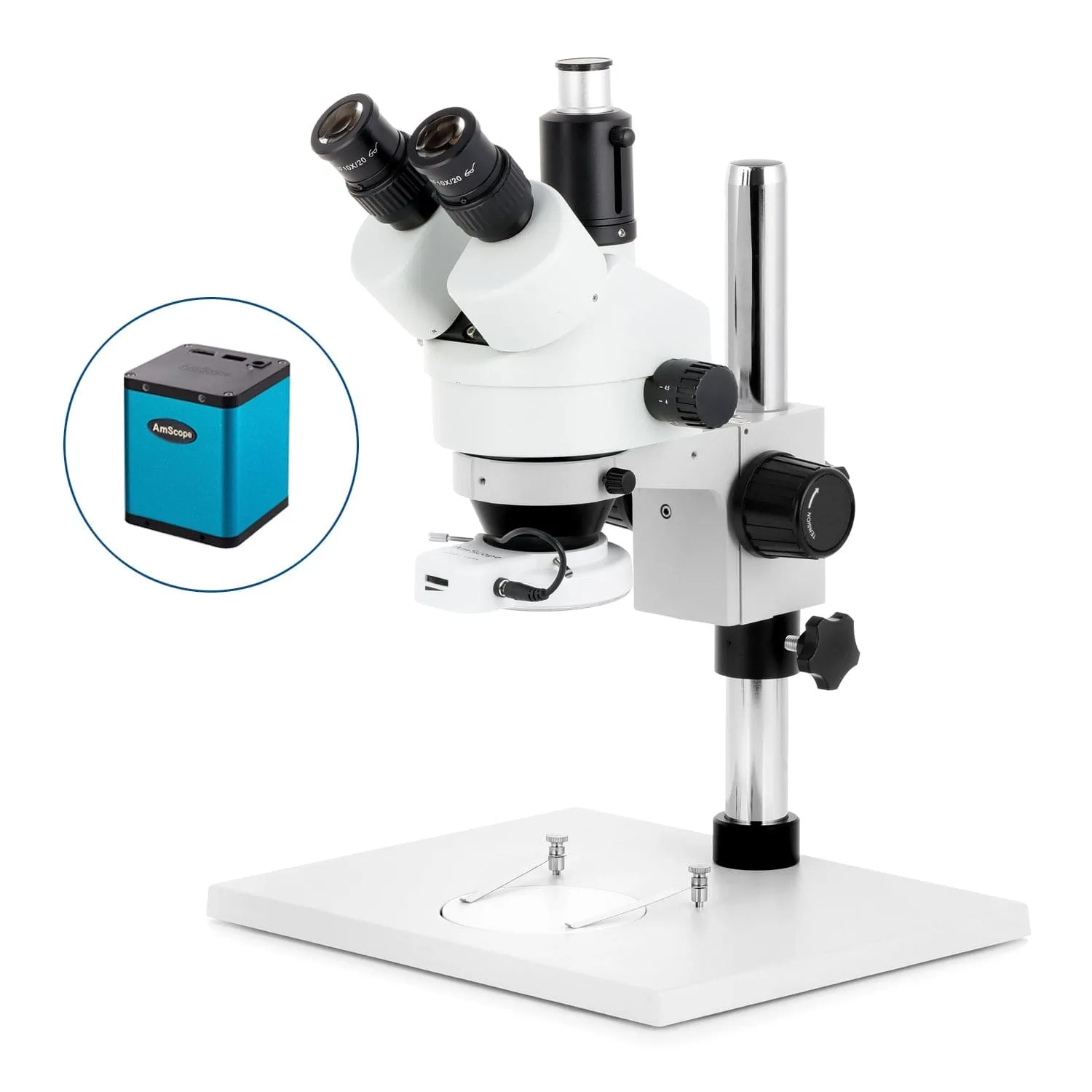 AmScope SM-1 Series Zoom Trinocular Stereo Microscope on Pillar Stand with Extra Large Base Plate w/144 LED Compact Ring Light and Auto Focus Camera