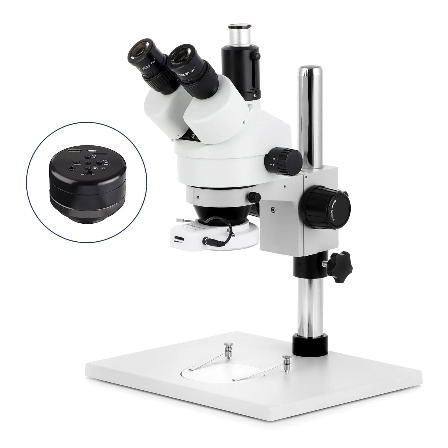 AmScope SM-1 Series Zoom Trinocular Stereo Microscope on Pillar Stand with Extra Large Base Plate w/144 LED Compact Ring Light and HD Recording Camera