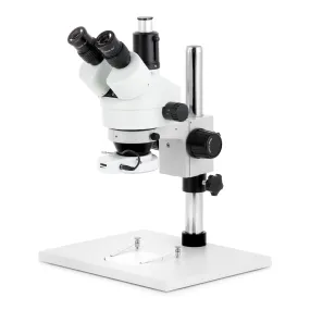 AmScope SM-1 Series Zoom Trinocular Stereo Microscope on Pillar Stand with Extra Large Base Plate w/144 LED Compact Ring Light and HD Recording Camera