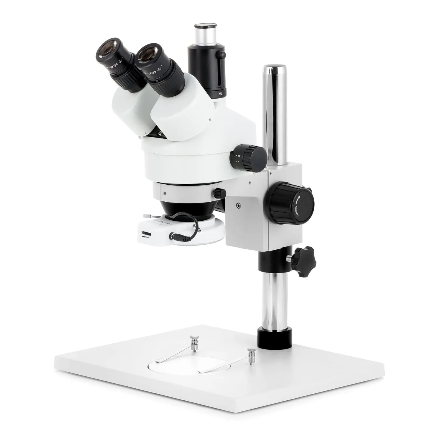 AmScope SM-1 Series Zoom Trinocular Stereo Microscope on Pillar Stand with Extra Large Base Plate w/144 LED Compact Ring Light and HD Recording Camera