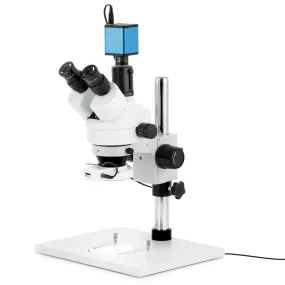 AmScope SM-1 Series Zoom Trinocular Stereo Microscope on Pillar Stand with Extra Large Base Plate w/56 LED Compact Ring Light and Auto Focus Camera