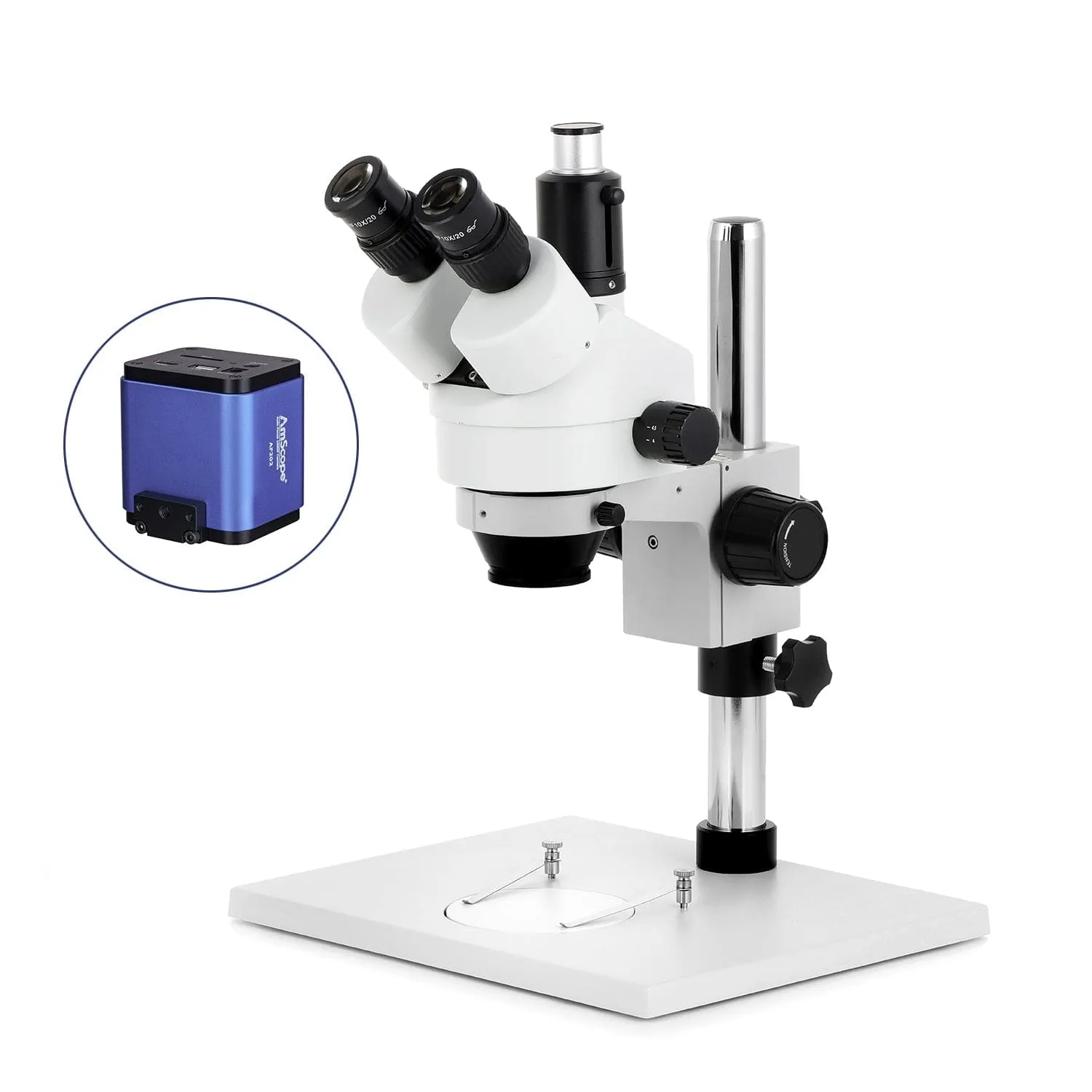 AmScope SM-1 Series Zoom Trinocular Stereo Microscope on Pillar Stand with Extra Large Base Plate w/56 LED Compact Ring Light and Auto Focus Camera
