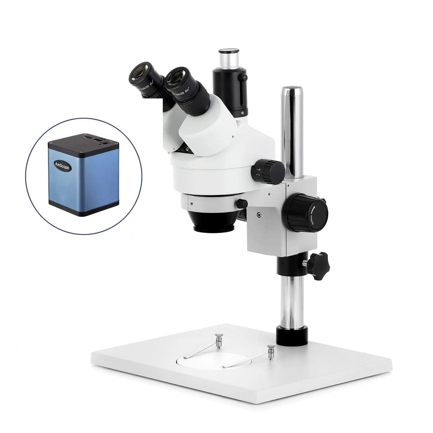 AmScope SM-1 Series Zoom Trinocular Stereo Microscope on Pillar Stand with Extra Large Base Plate w/56 LED Compact Ring Light and Auto Focus Camera
