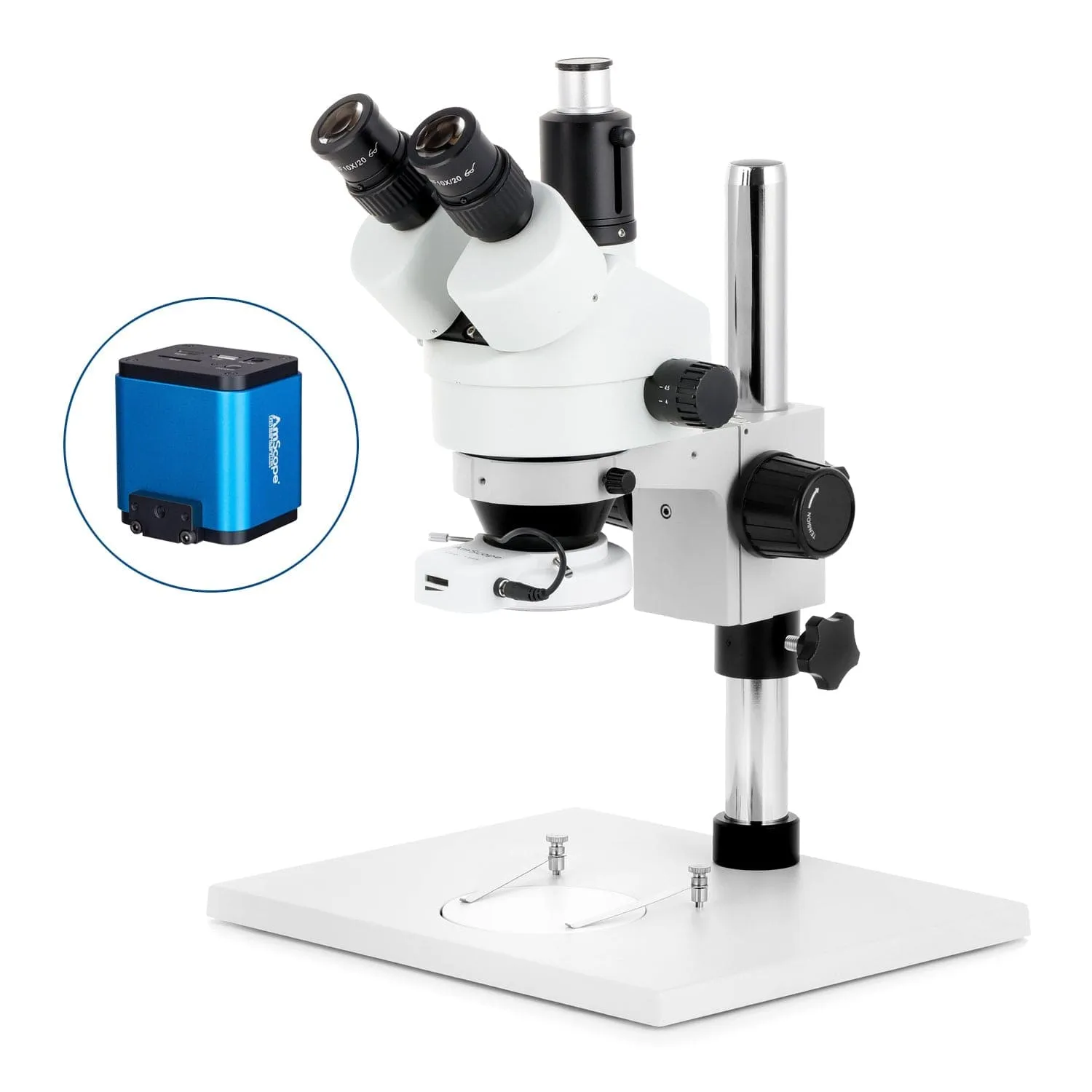 AmScope SM-1 Series Zoom Trinocular Stereo Microscope on Pillar Stand with Extra Large Base Plate w/64 LED Compact Ring Light and HDMI Camera