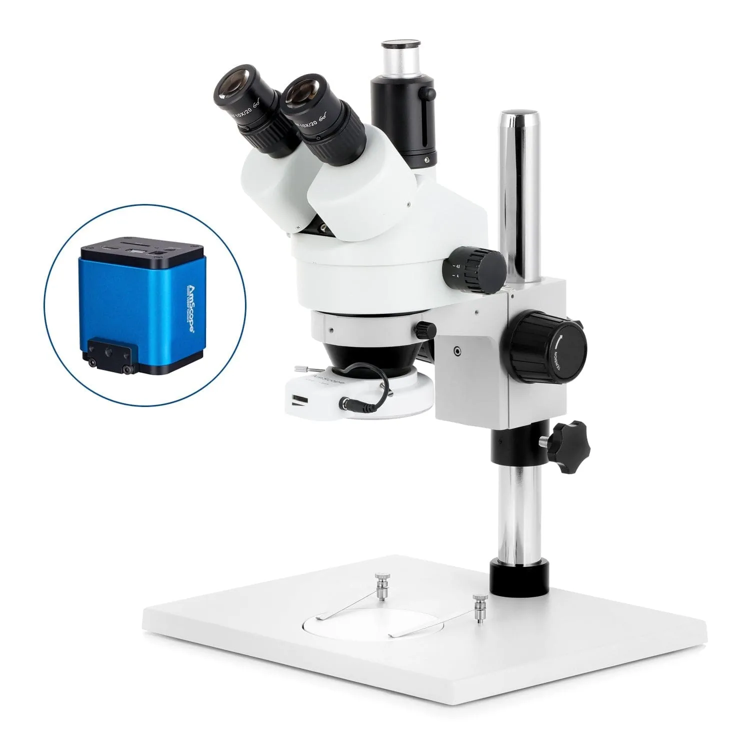 AmScope SM-1 Series Zoom Trinocular Stereo Microscope on Pillar Stand with Extra Large Base Plate w/64 LED Compact Ring Light and HDMI Camera