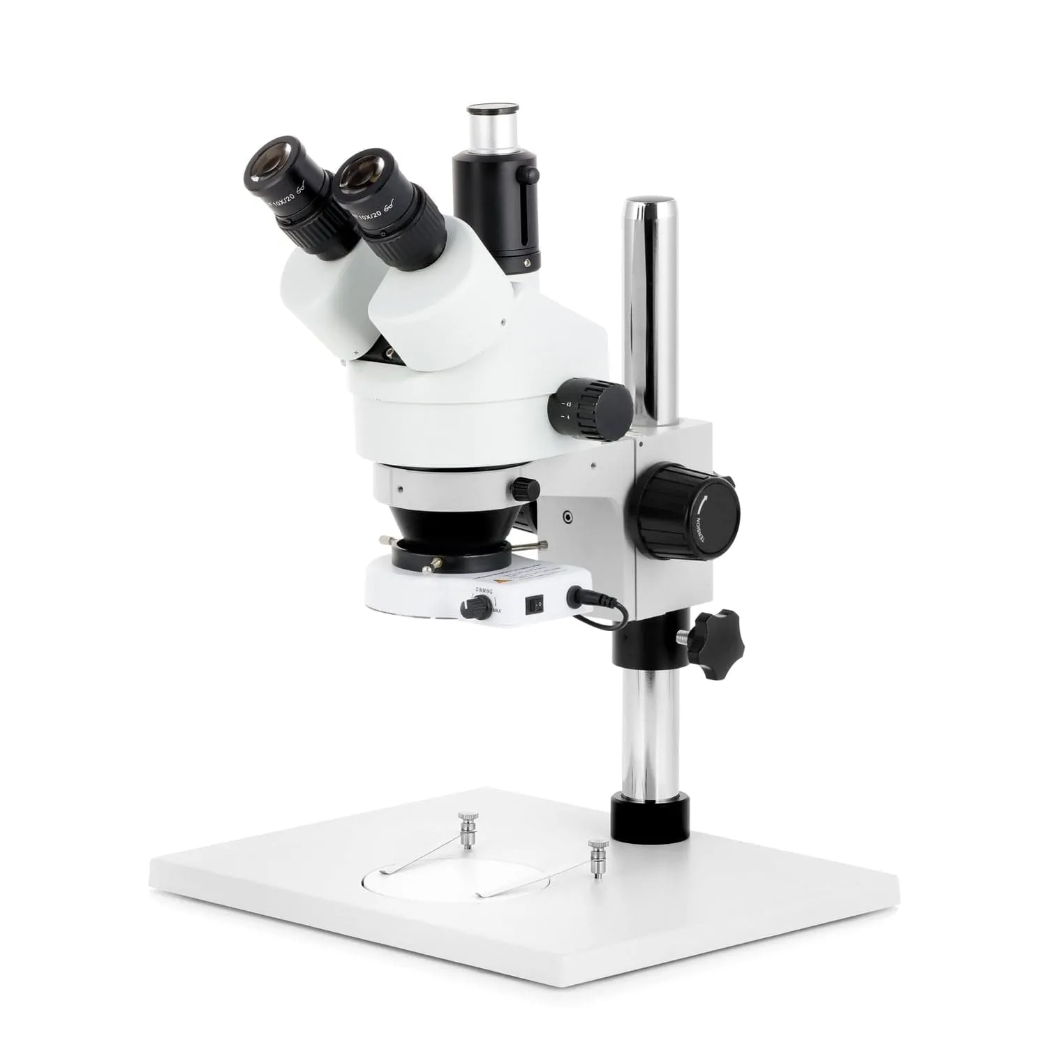 AmScope SM-1 Series Zoom Trinocular Stereo Microscope on Pillar Stand with Extra Large Base Plate w/80 LED Compact Ring Light and HD Recording Camera