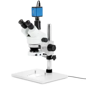 AmScope SM-1 Series Zoom Trinocular Stereo Microscope on Pillar Stand with Extra Large Base Plate w/80 LED Compact Ring Light and HDMI Camera