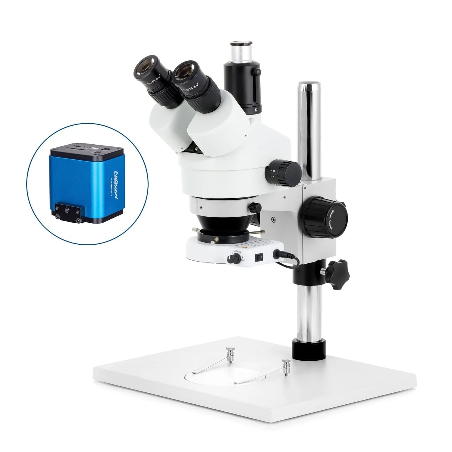 AmScope SM-1 Series Zoom Trinocular Stereo Microscope on Pillar Stand with Extra Large Base Plate w/80 LED Compact Ring Light and HDMI Camera