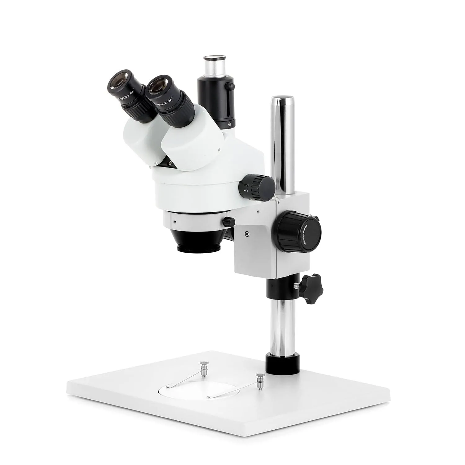 AmScope SM-1 Series Zoom Trinocular Stereo Microscope on Pillar Stand with Extra Large Base Plate with 56 LED Compact Ring Light and HD Recording Camera