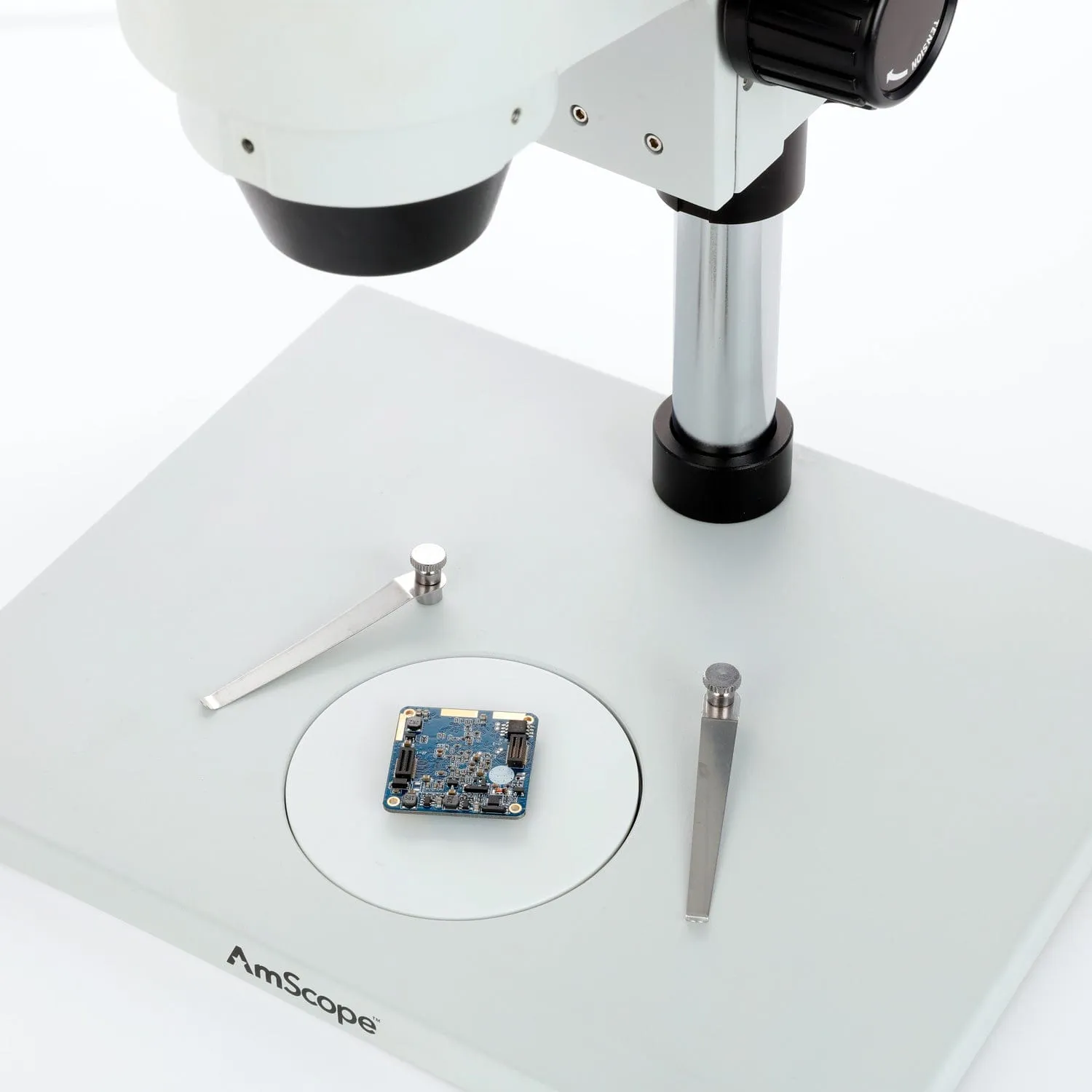 AmScope SM-1 Series Zoom Trinocular Stereo Microscope on Pillar Stand with Extra Large Base Plate with 56 LED Compact Ring Light and HD Recording Camera