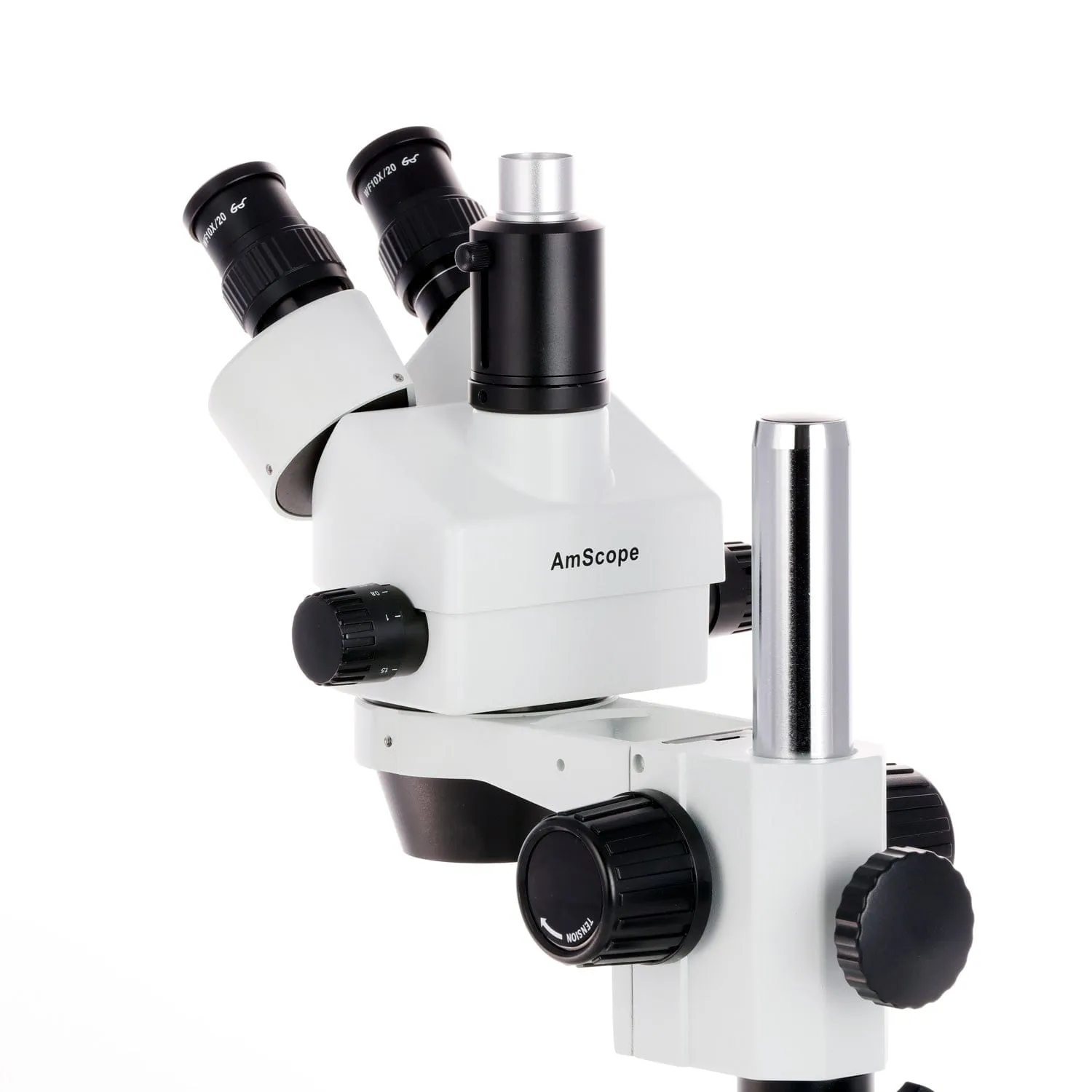 AmScope SM-1 Series Zoom Trinocular Stereo Microscope on Pillar Stand with Extra Large Base Plate with 56 LED Compact Ring Light and HD Recording Camera