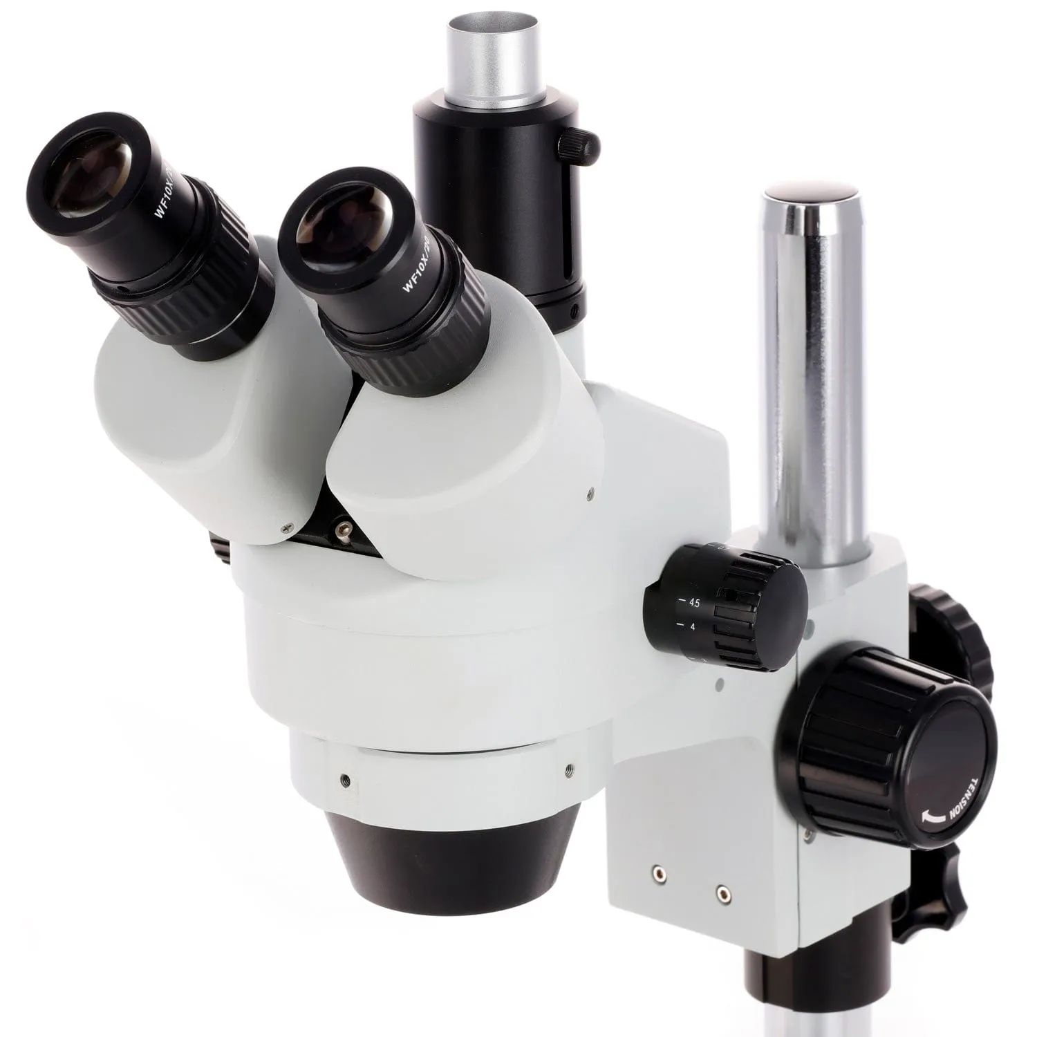 AmScope SM-1 Series Zoom Trinocular Stereo Microscope on Pillar Stand with Extra Large Base Plate with 56 LED Compact Ring Light and HD Recording Camera