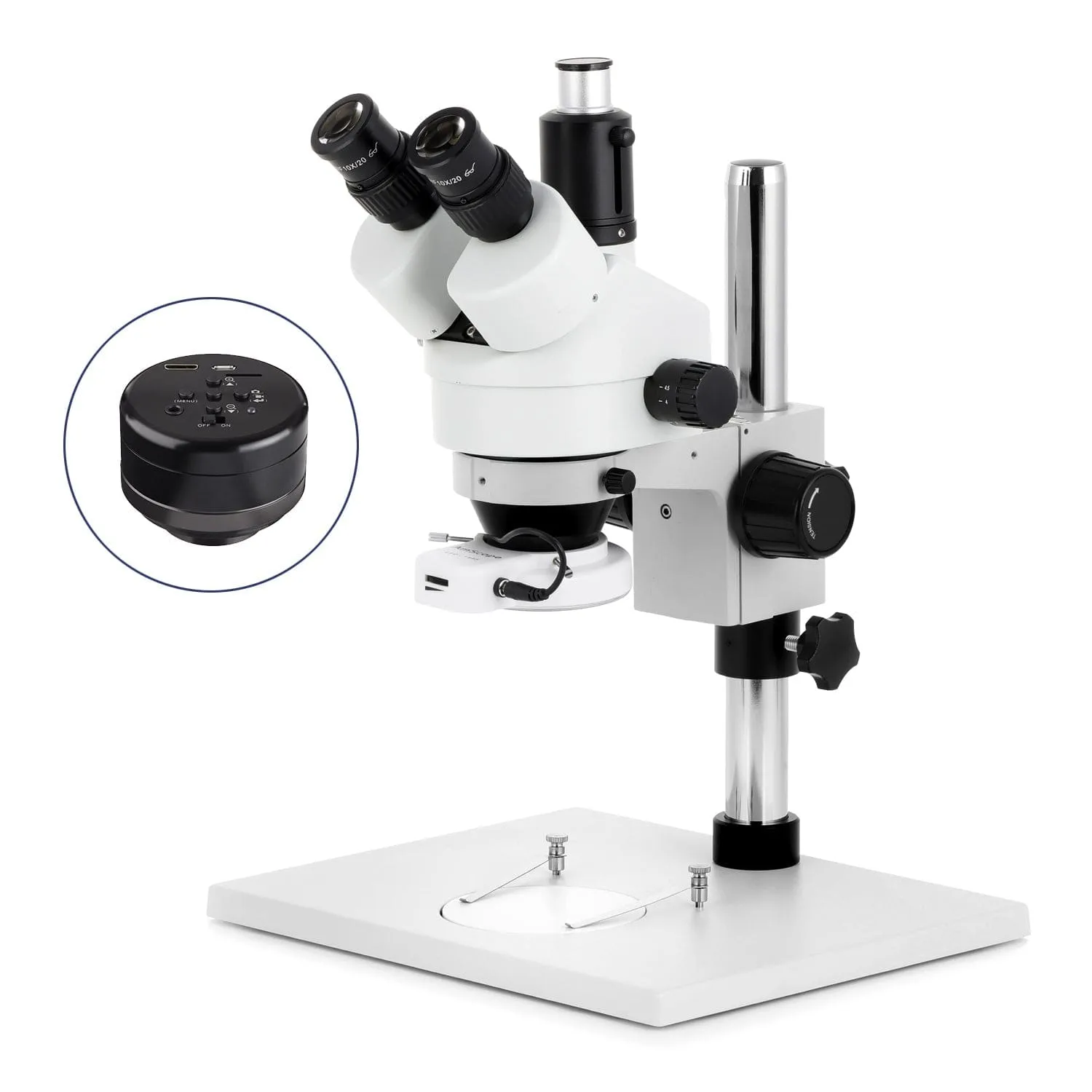 AmScope SM-1 Series Zoom Trinocular Stereo Microscope on Pillar Stand with Extra Large Base Plate with 56 LED Compact Ring Light and HD Recording Camera