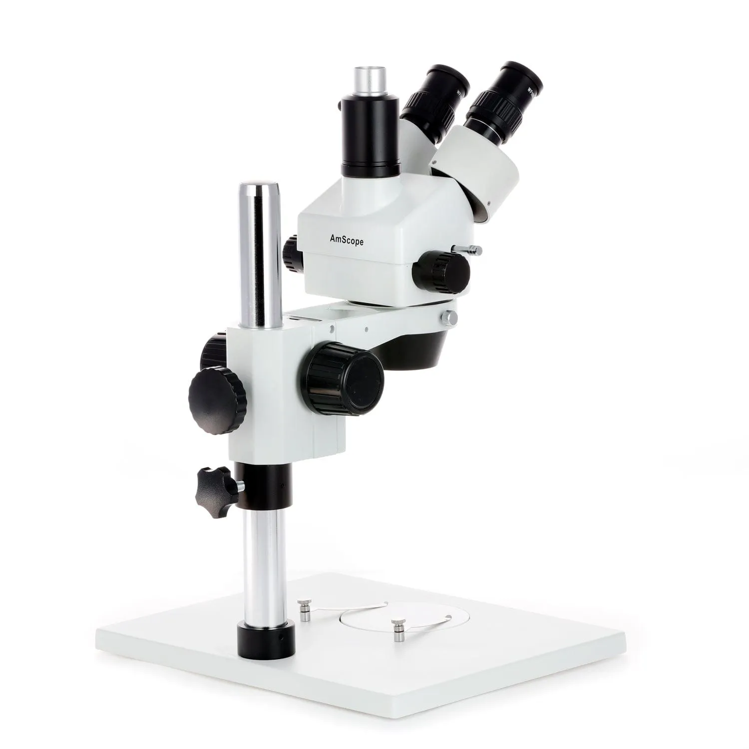 AmScope SM-1 Series Zoom Trinocular Stereo Microscope on Pillar Stand with Extra Large Base Plate with 56 LED Compact Ring Light and HD Recording Camera