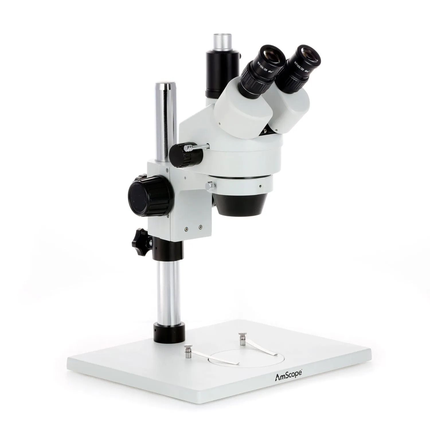 AmScope SM-1 Series Zoom Trinocular Stereo Microscope on Pillar Stand with Extra Large Base Plate with 56 LED Compact Ring Light and HD Recording Camera