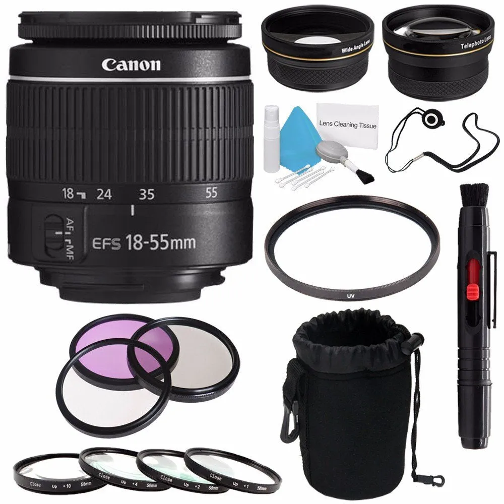 Canon EF-S 18-55mm f/3.5-5.6 III Lens (International Model)   58mm Wide Angle Lenses   58mm Macro Close Up Kit   58mm UV Advanced Bundle