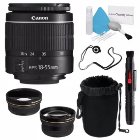 Canon EF-S 18-55mm f/3.5-5.6 III Lens (International Model)   58mm Wide Angle Lenses   Deluxe Lens Pouch   Deluxe Cleani