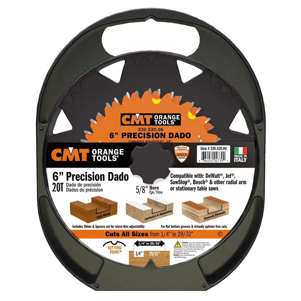 CMT Orange Tools 230.520.06 PRECISION DADO 6’’x1/4” to 29/32”x5/8’’  T=20 FLAT ATB (-12° NEG)