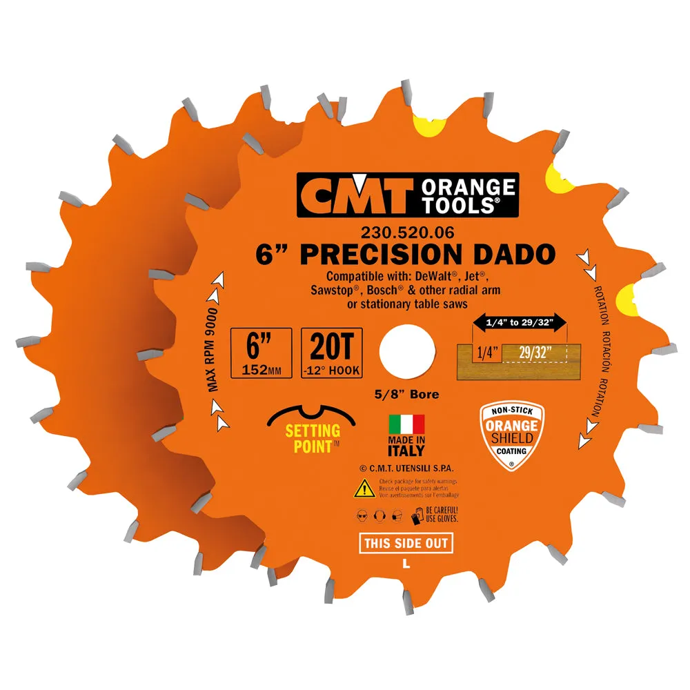 CMT Orange Tools 230.520.06 PRECISION DADO 6’’x1/4” to 29/32”x5/8’’  T=20 FLAT ATB (-12° NEG)