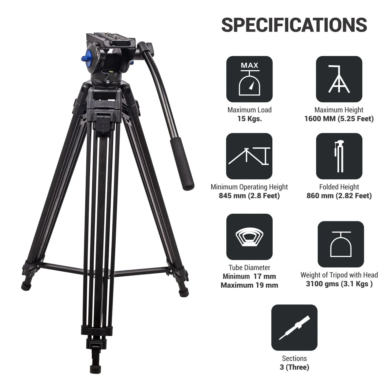 DIGITEK (DPTR 601 VD) 160CM Professional Heavy Duty Tripod with 2-Way Pan Head & Rubberized Leg, 15kg Max Load, Lightweight 3.1kg, 3-Section Adjustment, Idea for DSLR, Digital Video Cameras
