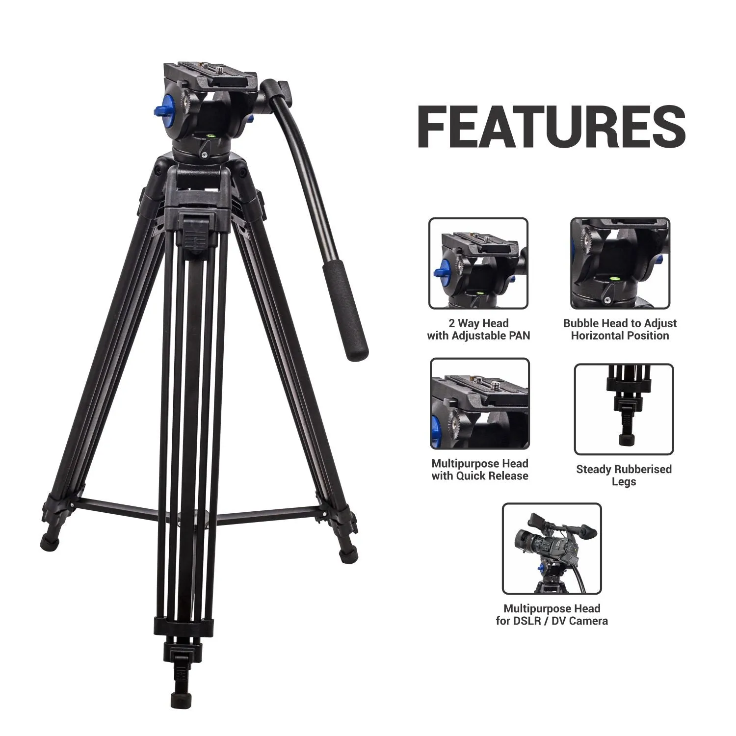 DIGITEK (DPTR 601 VD) 160CM Professional Heavy Duty Tripod with 2-Way Pan Head & Rubberized Leg, 15kg Max Load, Lightweight 3.1kg, 3-Section Adjustment, Idea for DSLR, Digital Video Cameras