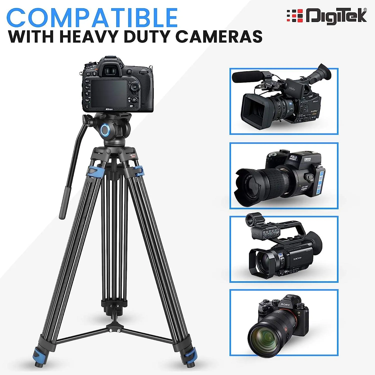 Digitek (DPTR 605 VD) (183 cm) Professional Heavy Duty Tripod, with 2 Way Adjustable Pan Head, for Digital Video Cameras, Maximum Operating Height: 6 Feet, Maximum Load Upto: 20 kgs (Black)