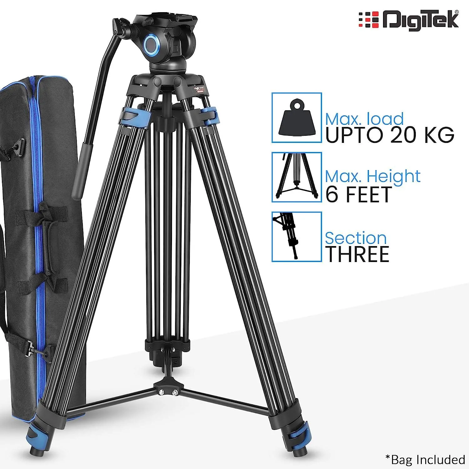 Digitek (DPTR 605 VD) (183 cm) Professional Heavy Duty Tripod, with 2 Way Adjustable Pan Head, for Digital Video Cameras, Maximum Operating Height: 6 Feet, Maximum Load Upto: 20 kgs (Black)