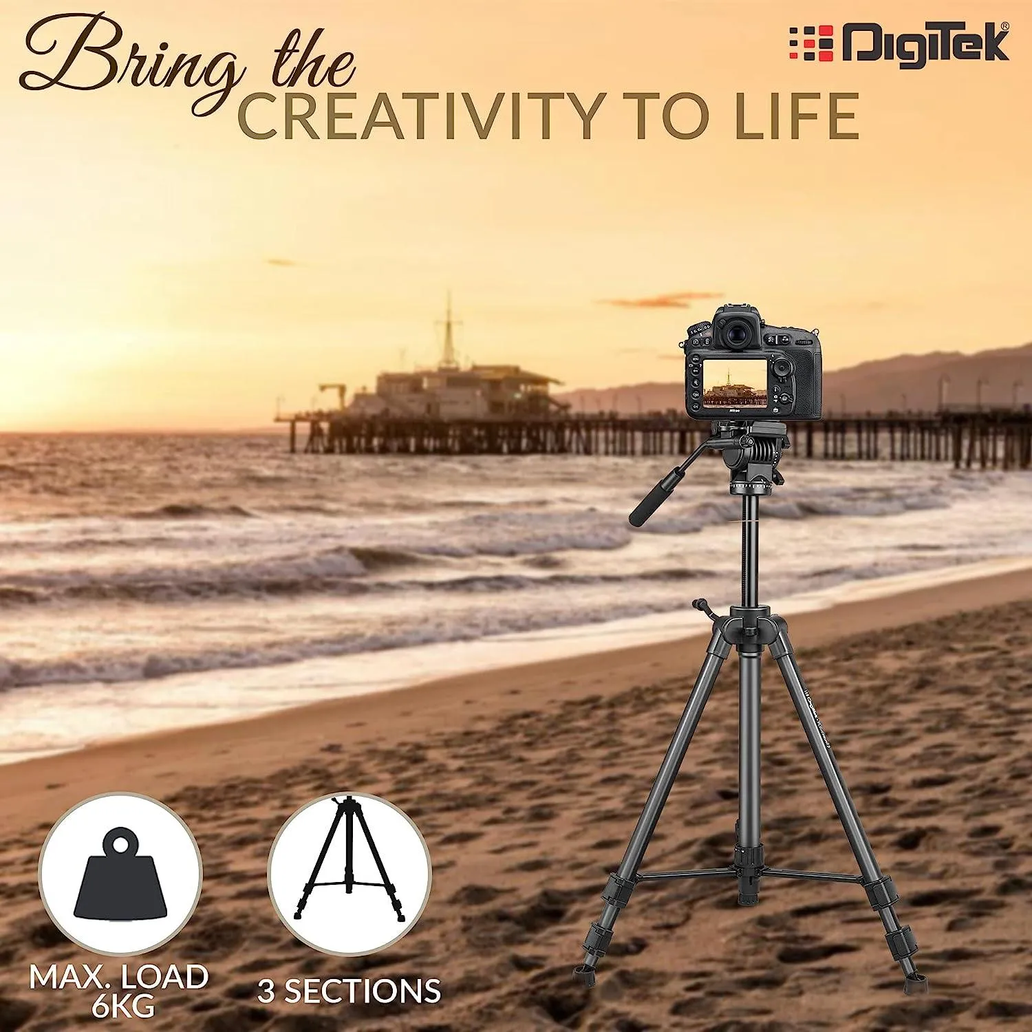 Digitek (DPTR 880 PRO) (165 cm) Platinum Aluminum Light Weight Tripod, with Fluid Video Head, for DSLR & Video Cameras, Maximum Operating Height: 5.90 Feet, Maximum Load : 6 kgs (Black)