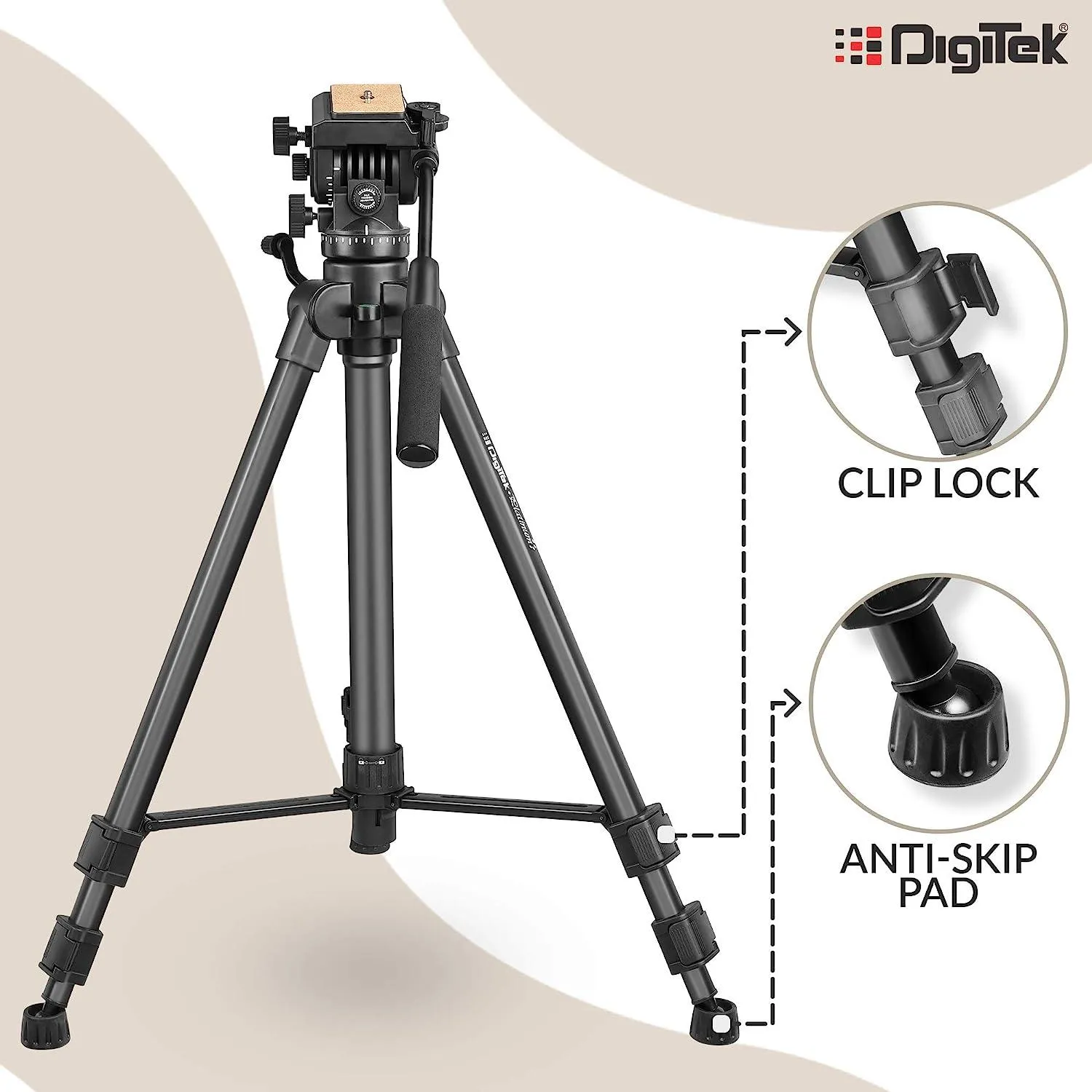 Digitek (DPTR 880 PRO) (165 cm) Platinum Aluminum Light Weight Tripod, with Fluid Video Head, for DSLR & Video Cameras, Maximum Operating Height: 5.90 Feet, Maximum Load : 6 kgs (Black)