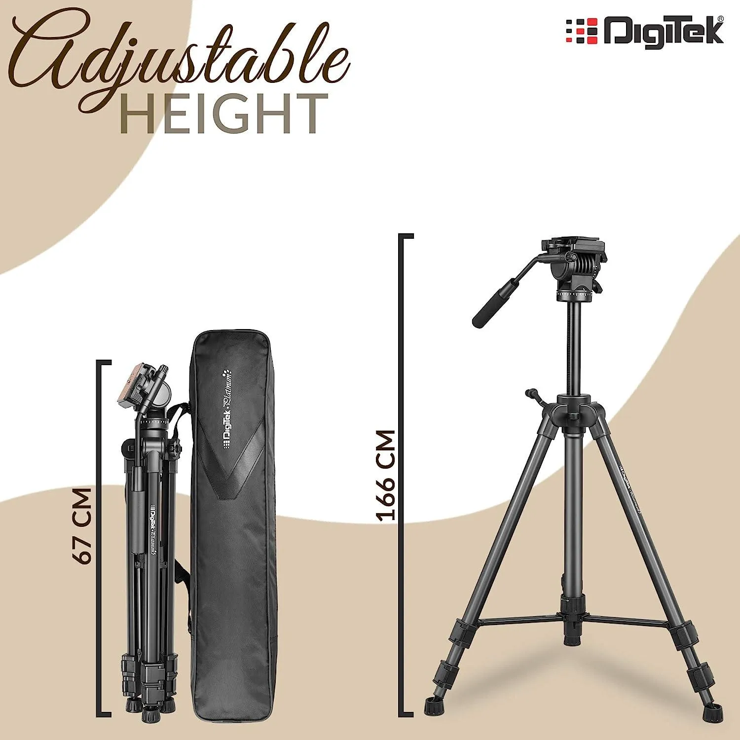 Digitek (DPTR 880 PRO) (165 cm) Platinum Aluminum Light Weight Tripod, with Fluid Video Head, for DSLR & Video Cameras, Maximum Operating Height: 5.90 Feet, Maximum Load : 6 kgs (Black)