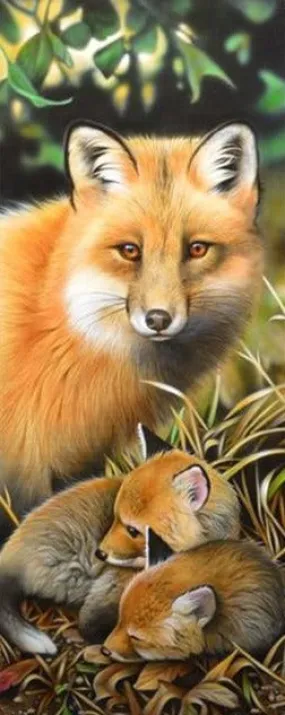 Fox And Pups | Fox Diamond Painting Kit | Full Round Drill 5D Rhinestones | DIY Animal Portrait