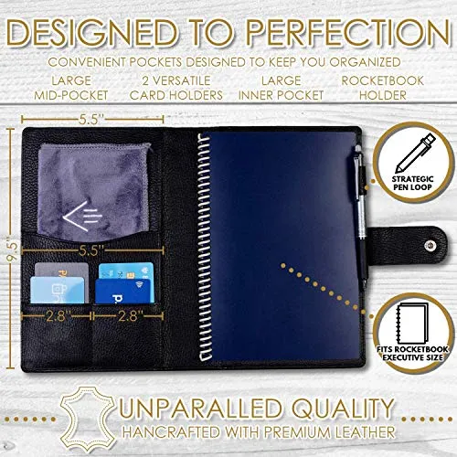 Genuine Leather Folio Cover Compatible With Rocketbook A5 Size Notebook 6 X 8 Inch Black