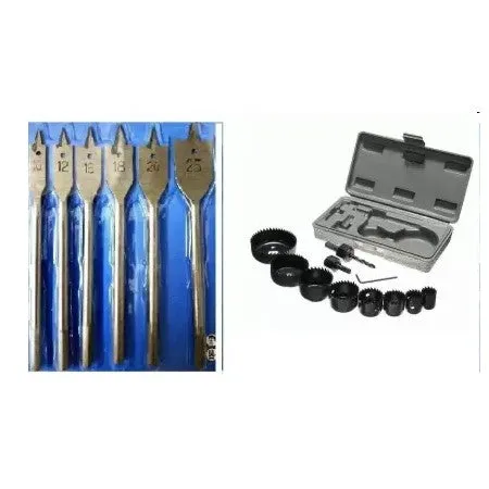 Metal Alloys 11pc Wood Hole Saw Cutting Set   Set of 6 Flat Drill Bit Set For Wood- HT66