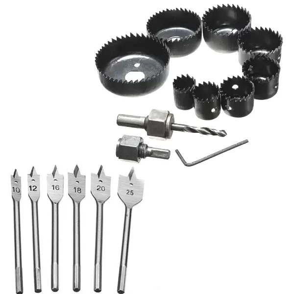 Metal Alloys 11pc Wood Hole Saw Cutting Set   Set of 6 Flat Drill Bit Set For Wood- HT66