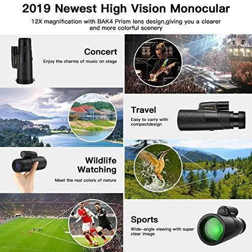 Monocular Telescope, 12x50 High Power HD Monocular for Bird Watching Adults with Smartphone Holder & Tripod BAK4 Prism for Wildlife Hunting Camping Travelling Wildlife - 2020 Newest (1250, Black)