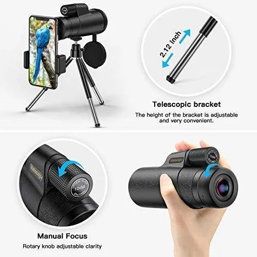 Monocular Telescope, 12x50 High Power HD Monocular for Bird Watching Adults with Smartphone Holder & Tripod BAK4 Prism for Wildlife Hunting Camping Travelling Wildlife - 2020 Newest (1250, Black)
