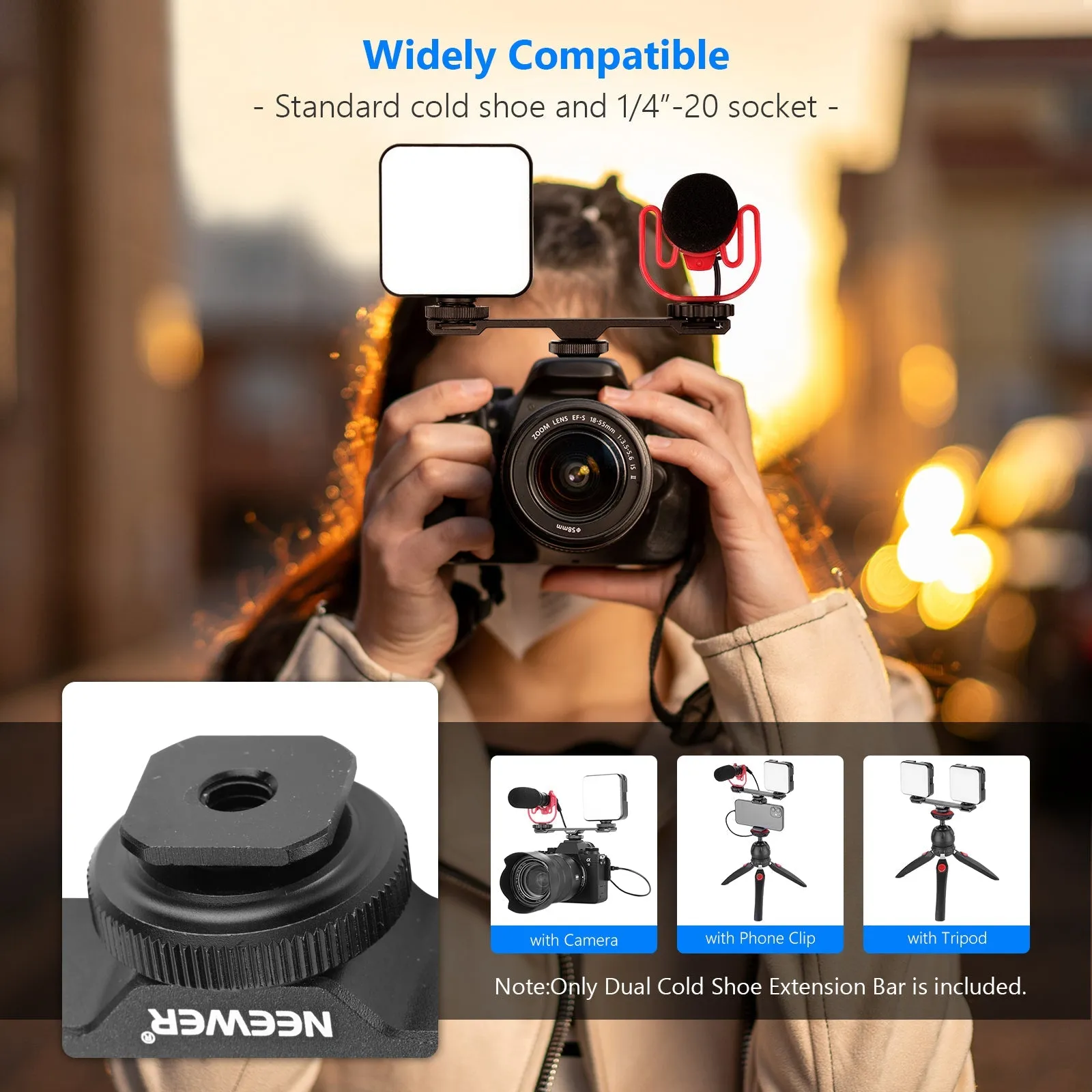 NEEWER Dual Cold Shoe Mount Bracket, Aluminum Alloy Dual Hot Shoe Extension Bar
