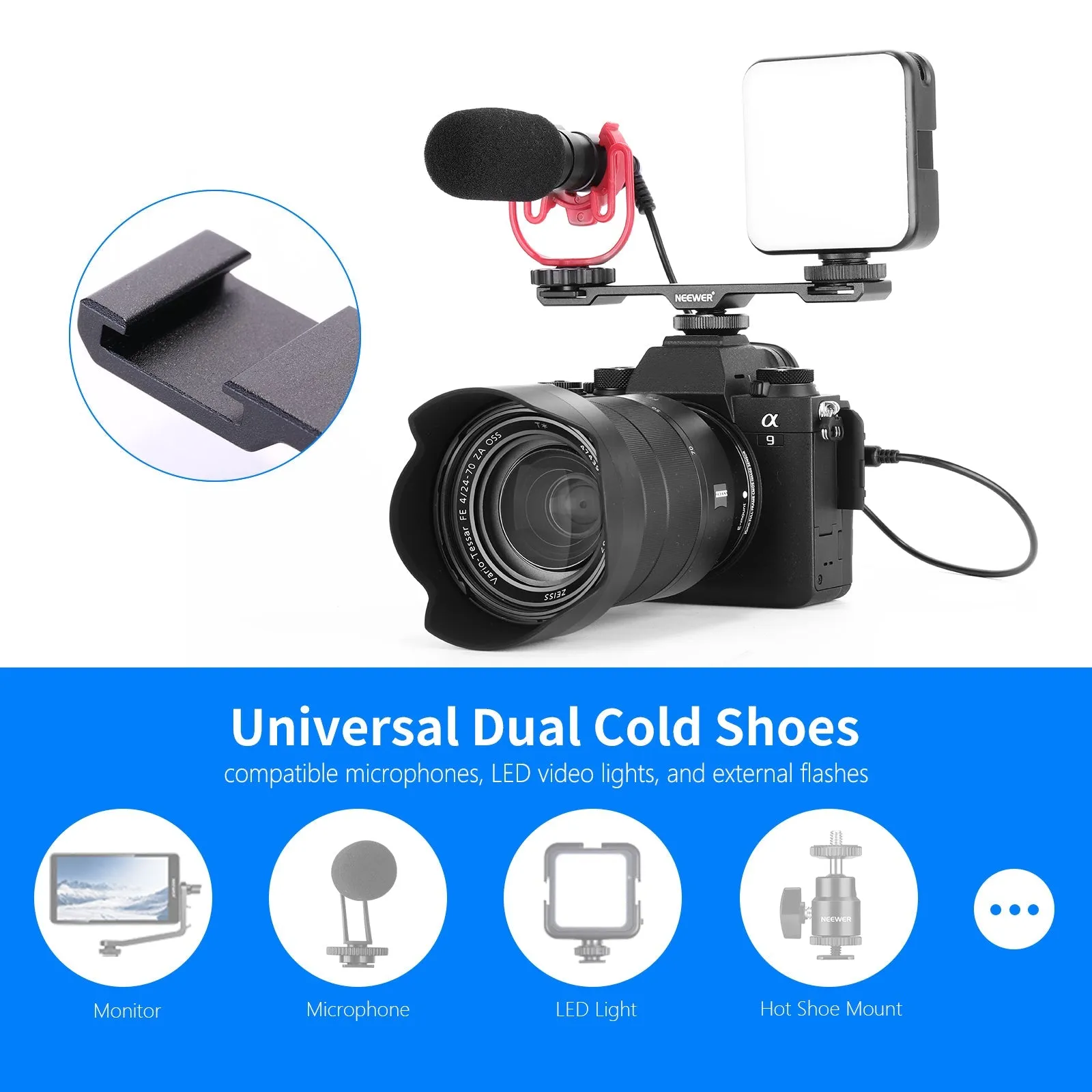 NEEWER Dual Cold Shoe Mount Bracket, Aluminum Alloy Dual Hot Shoe Extension Bar