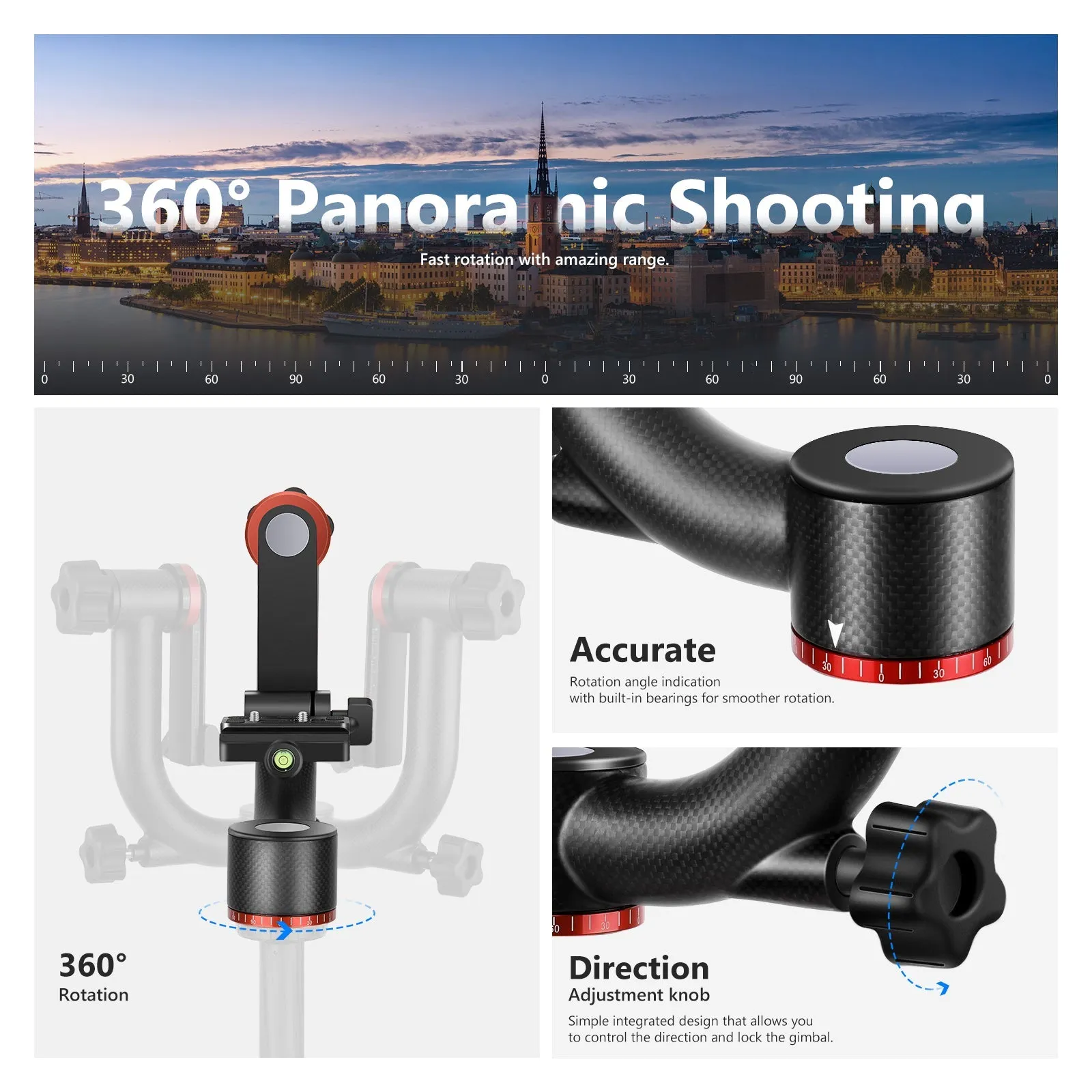NEEWER GM100 Lightweight Carbon Fiber Gimbal Tripod Head for Smooth Video and Precision Photography