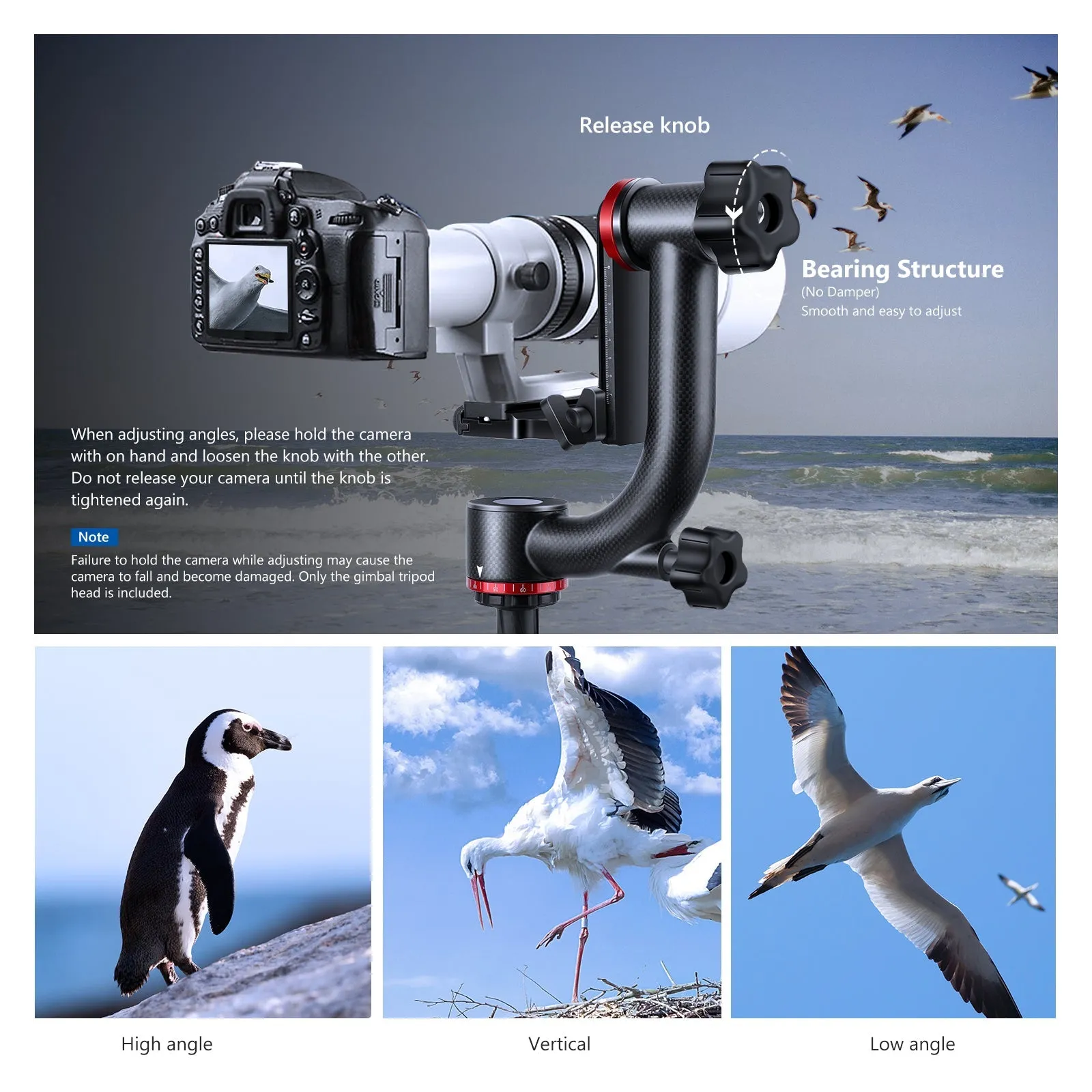 NEEWER GM100 Lightweight Carbon Fiber Gimbal Tripod Head for Smooth Video and Precision Photography