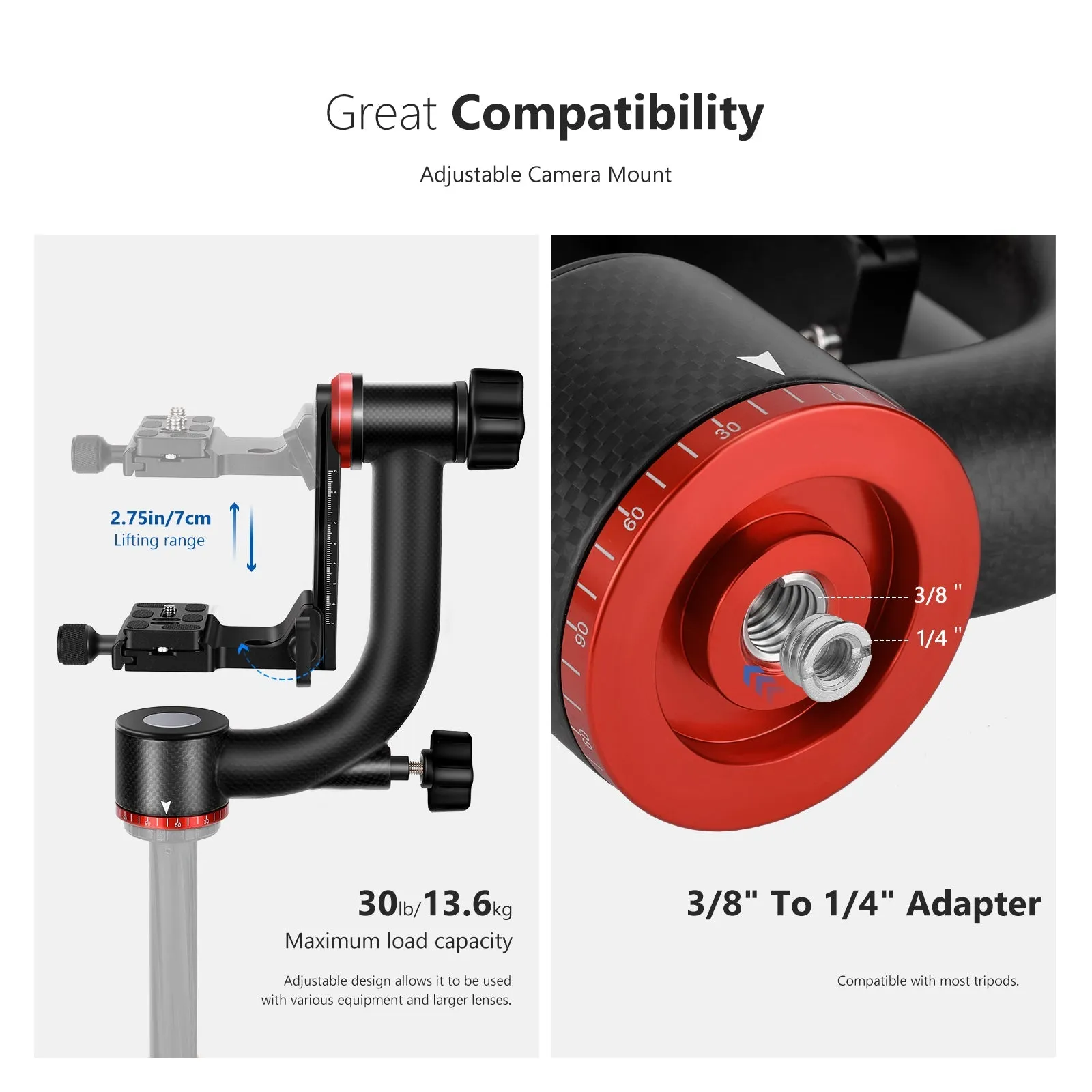 NEEWER GM100 Lightweight Carbon Fiber Gimbal Tripod Head for Smooth Video and Precision Photography